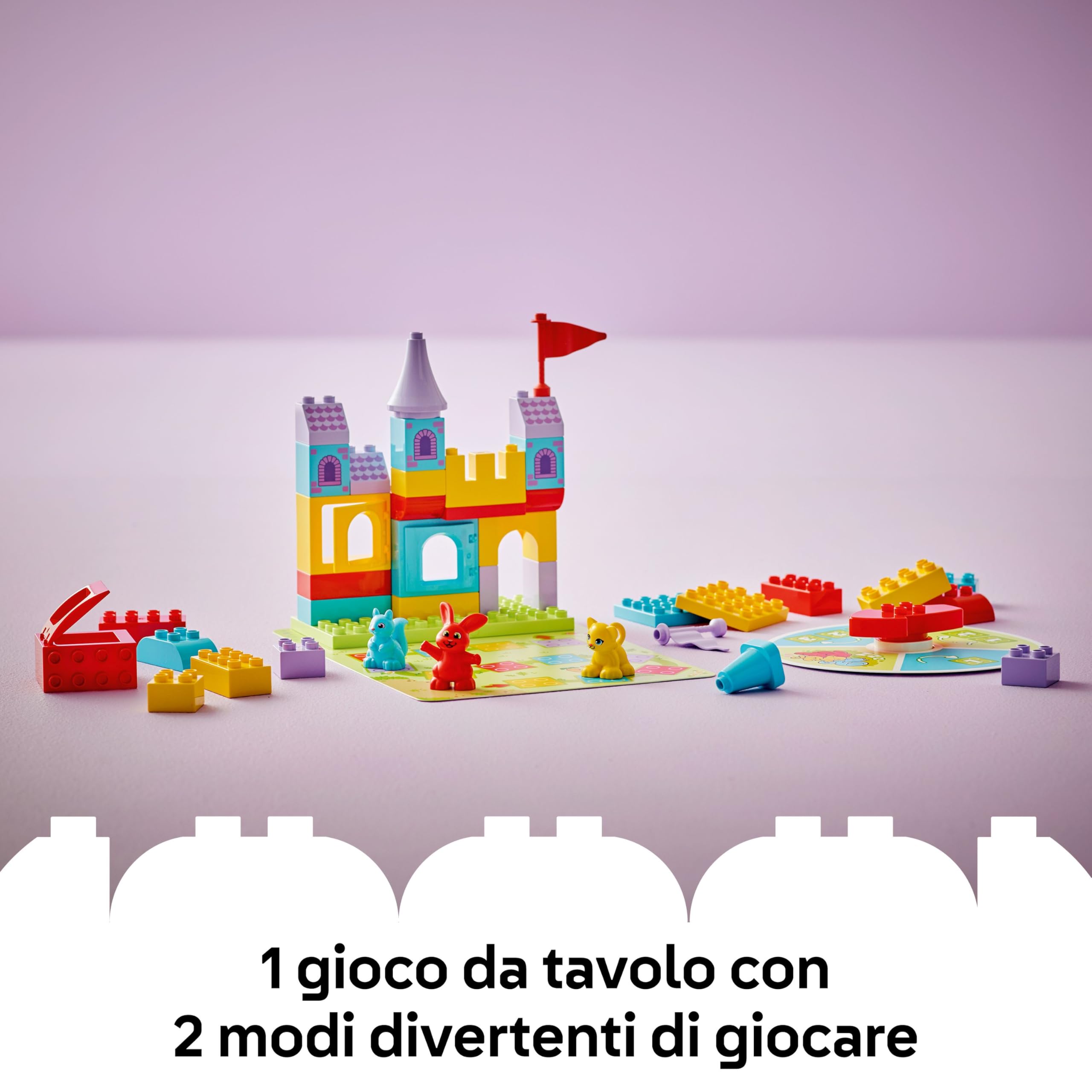 LEGO DUPLO Gioco al Castello con Salterello - Giochi Educativi per la Motricità Fine con 3 Animali Giocattolo, Castello e Gioco da Tavolo con Freccia Girevole - Regalo per Bambini da 3 Anni - 10450