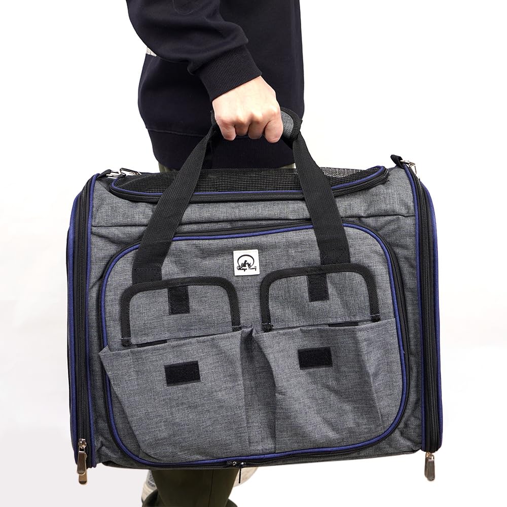 Transportín Perro y Gato Bolso Portaperro Transpirable para Mascota Transportadora de Viaje Ventilación Bolsillos Laterales Dos Puertas con Correa para Coche (Gris, 28x33x42cm)