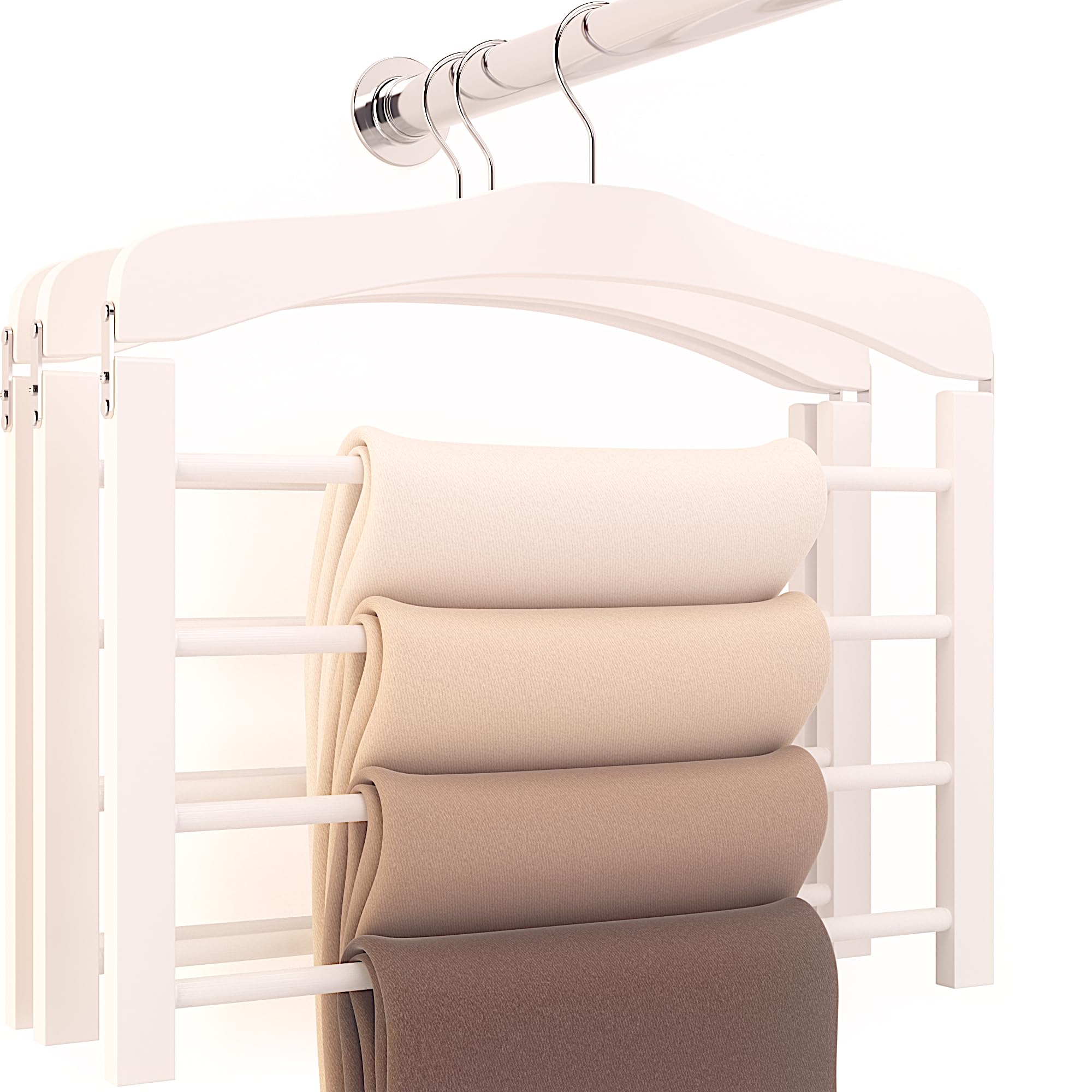 Hangerworld Paquete de 3 perchas de madera blanca para pantalones, organizador multifuncional de almacenamiento de ropa de 4 niveles con barras antideslizantes