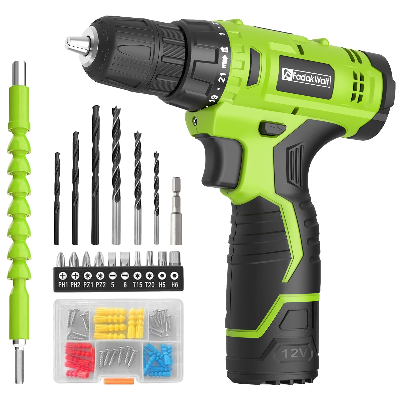 FADAKWALT Cordless Drill Set,12V Power Drill Set with Battery and Charger, Electric Driver/Drill Bits, 3/8'' Keyless Chuck,21+1 Torque Setting, 180 inch-lbs, with LED Electric Drill Set (Green)