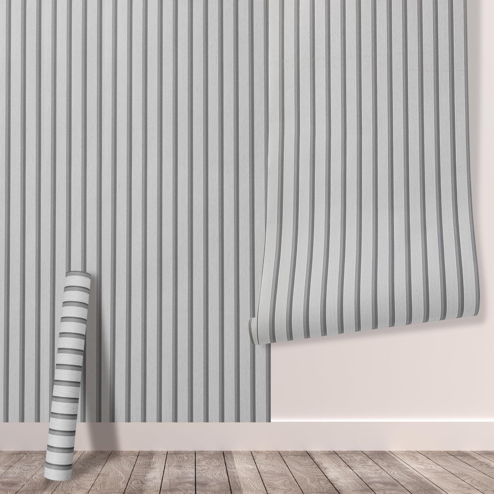 Tarwanear Wood Effect Wallpaper Wood Slat Wallpaper 1 Roll(5.03m²) Light Grey Wooden Slat Effect Wall Paper Natural Wooden Slatted Roll for Living Room Bedroom Office Front Desk Feature Wall