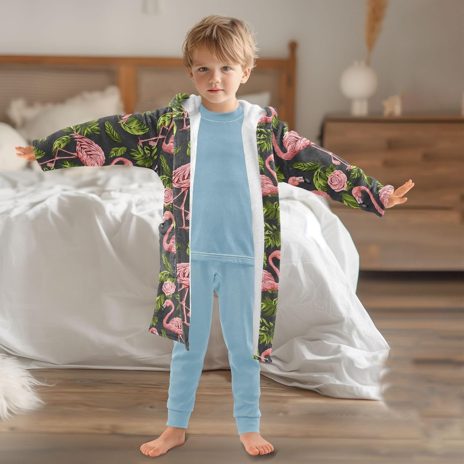 senya Tropical Pink Flamingo Toddler Hooded Bathrobe Kids Soft Plush Bath Towel Robes for Boys Girls 2-12 Years