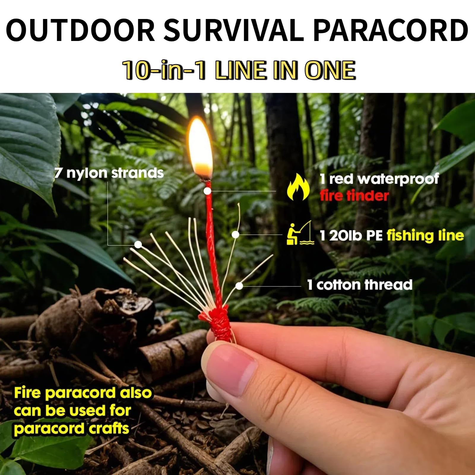 31 m Survival Paracord 550 Fire Paracord Survivor Cord Nlyon Rope 10 fili US Military Type III 550 Corda per paracadute con lenza da pesca integrata, Tinder Fire Starter 4 in 1