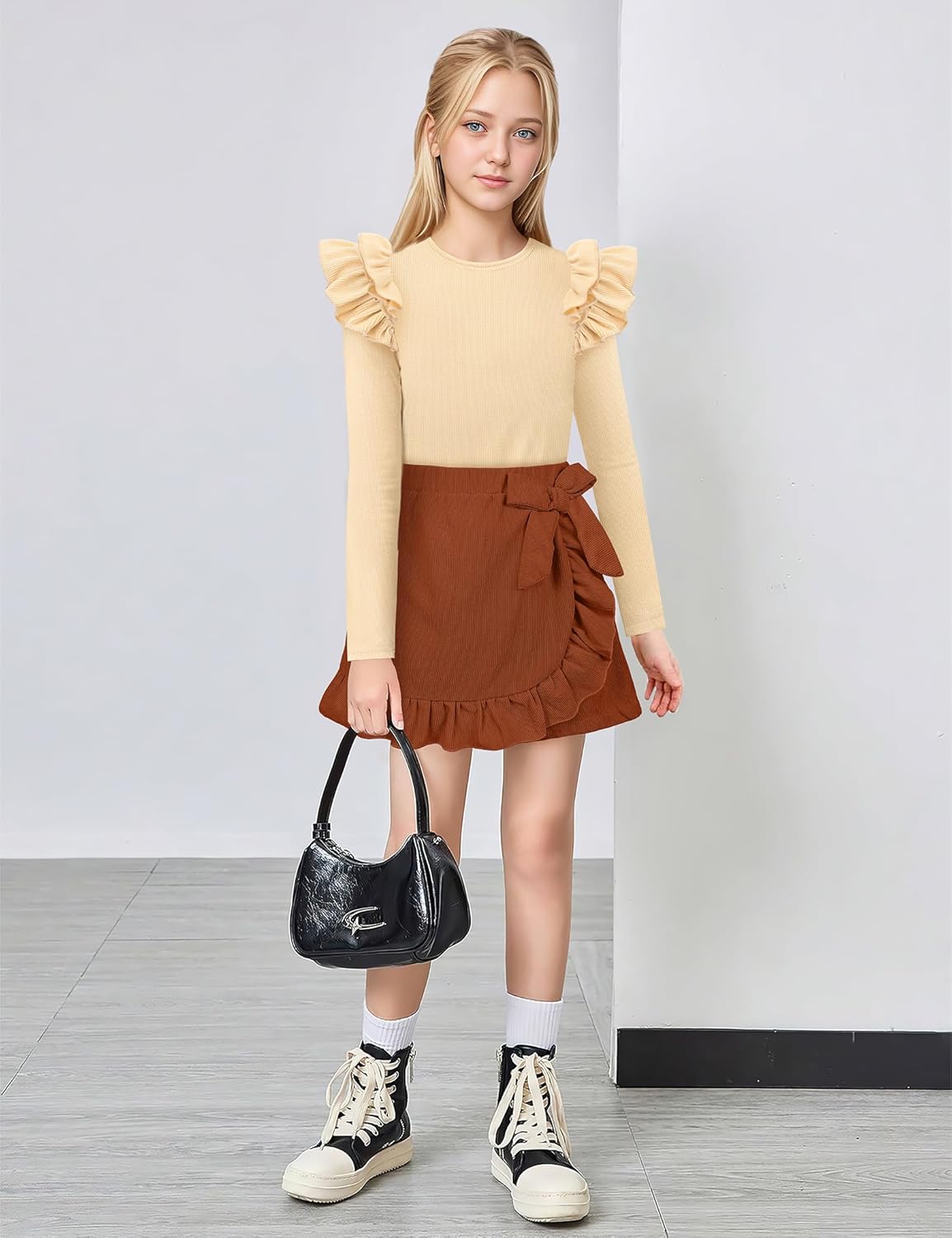 Toddler Girl Clothes Solid Long Sleeve Knit Top Ruffle Wrap Tie Skorts Girls Fall Outfits Skirt Set Size 2-8Y - Image 2