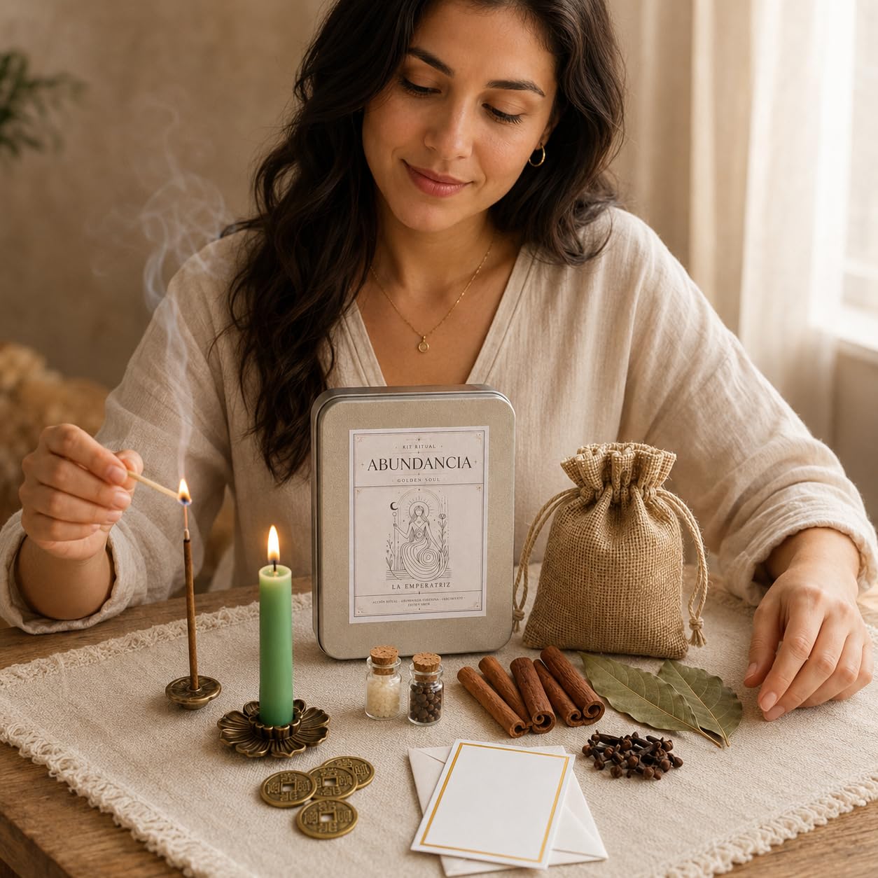 Golden Soul - Kit Ritual de Abundancia y Dinero con Vela Verde, Arroz, Café, Laurel, Canela, Clavo, Monedas Simbólicas, Incienso, Tarjetas e Instrucciones, Regalo Espiritual