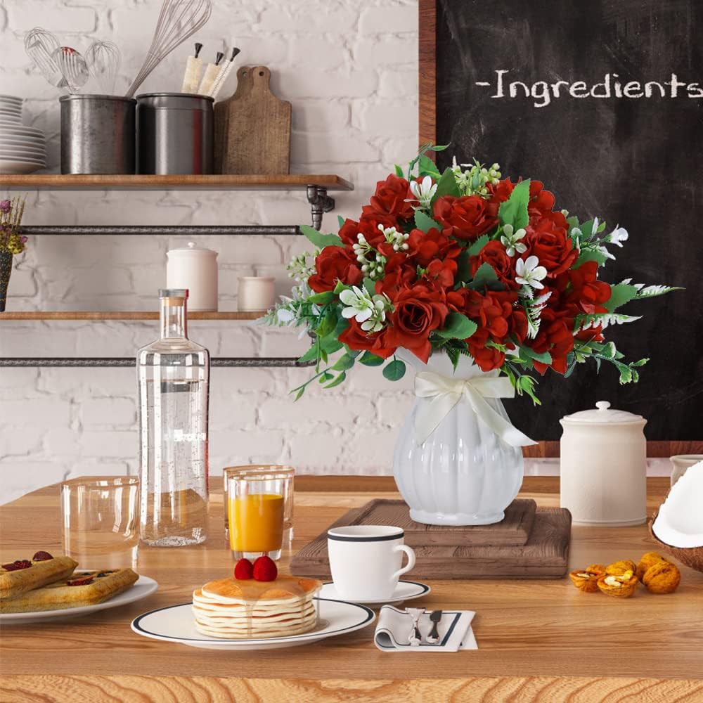 LESING Artificial Rose Silk Hydrangea Flowers Bouquets with Vase Rustic Fake Flowers for Home Decoration Table Centerpiece (Claret Red) - Image 5
