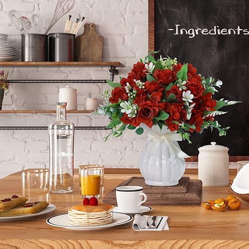 Miniatura 5 de LESING Ramos de flores artificiales de hortensias de seda con jarrón, flores falsas rústicas para decoración del hogar, centro de mesa (rojo clarete)