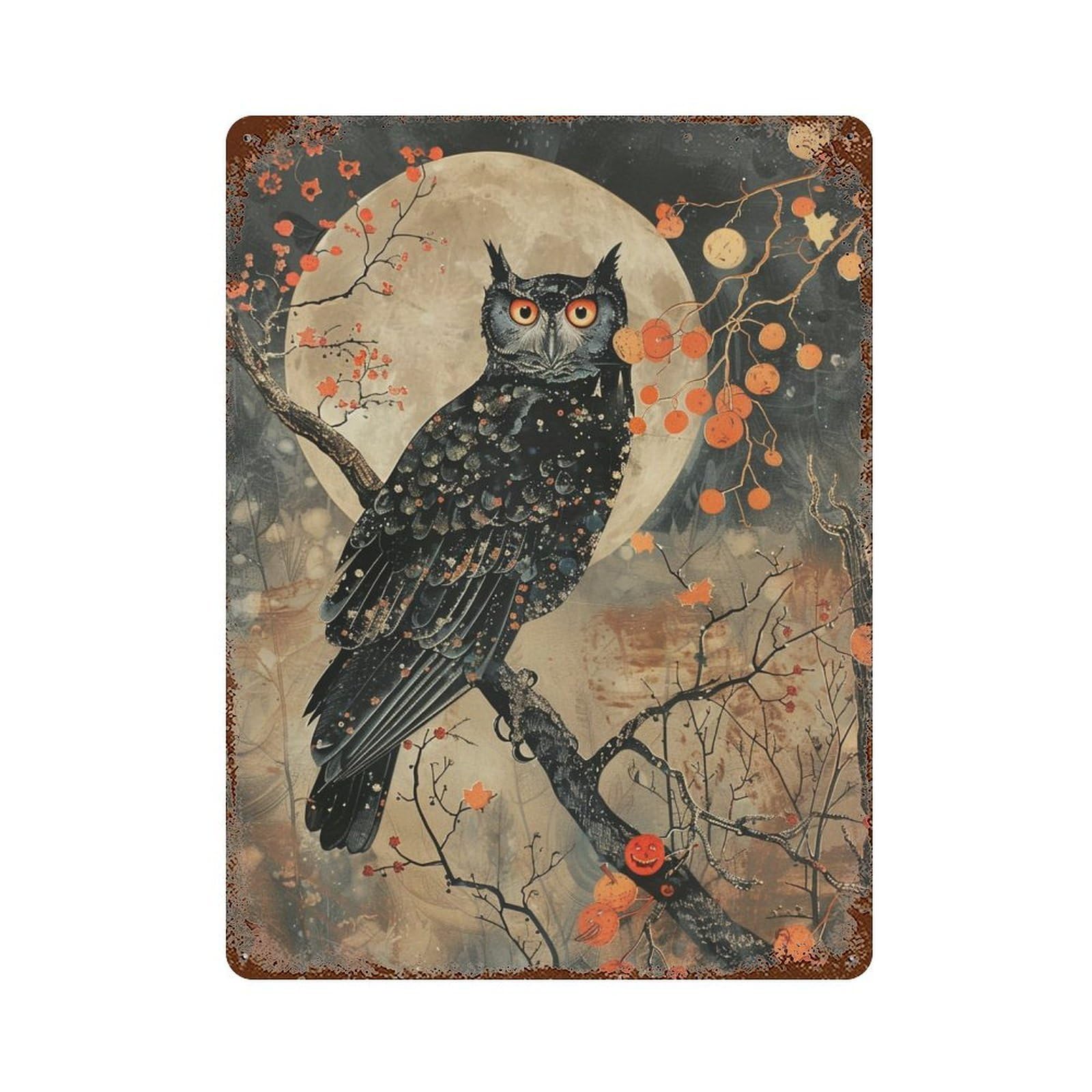 Halloween Night Owl Art Print 15.7"x11.8" Rusty Metal Tin Sign, Novelty Wall Decor for Cafe, Home Bar And Lounge Decor