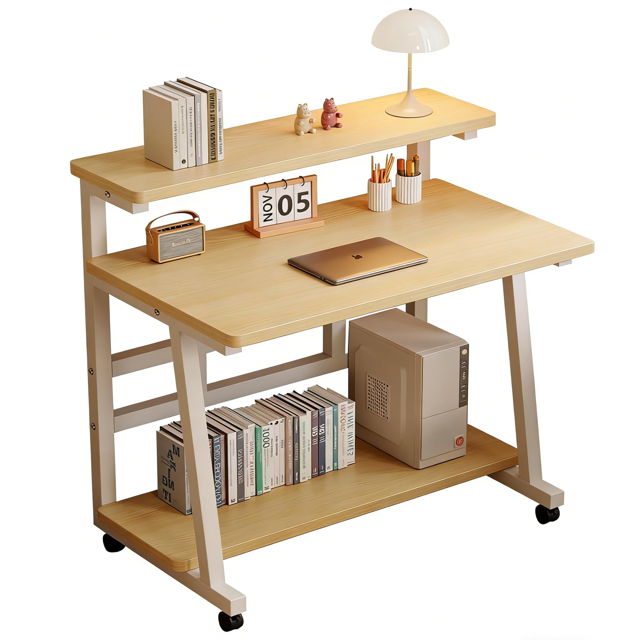 Mrsanmu 31.5" Computer Desk for Small Spaces,Portable Standing Desk with 3-Layer Storage & Monitor Stand, Home Office Small Table with Wheels, Rolling