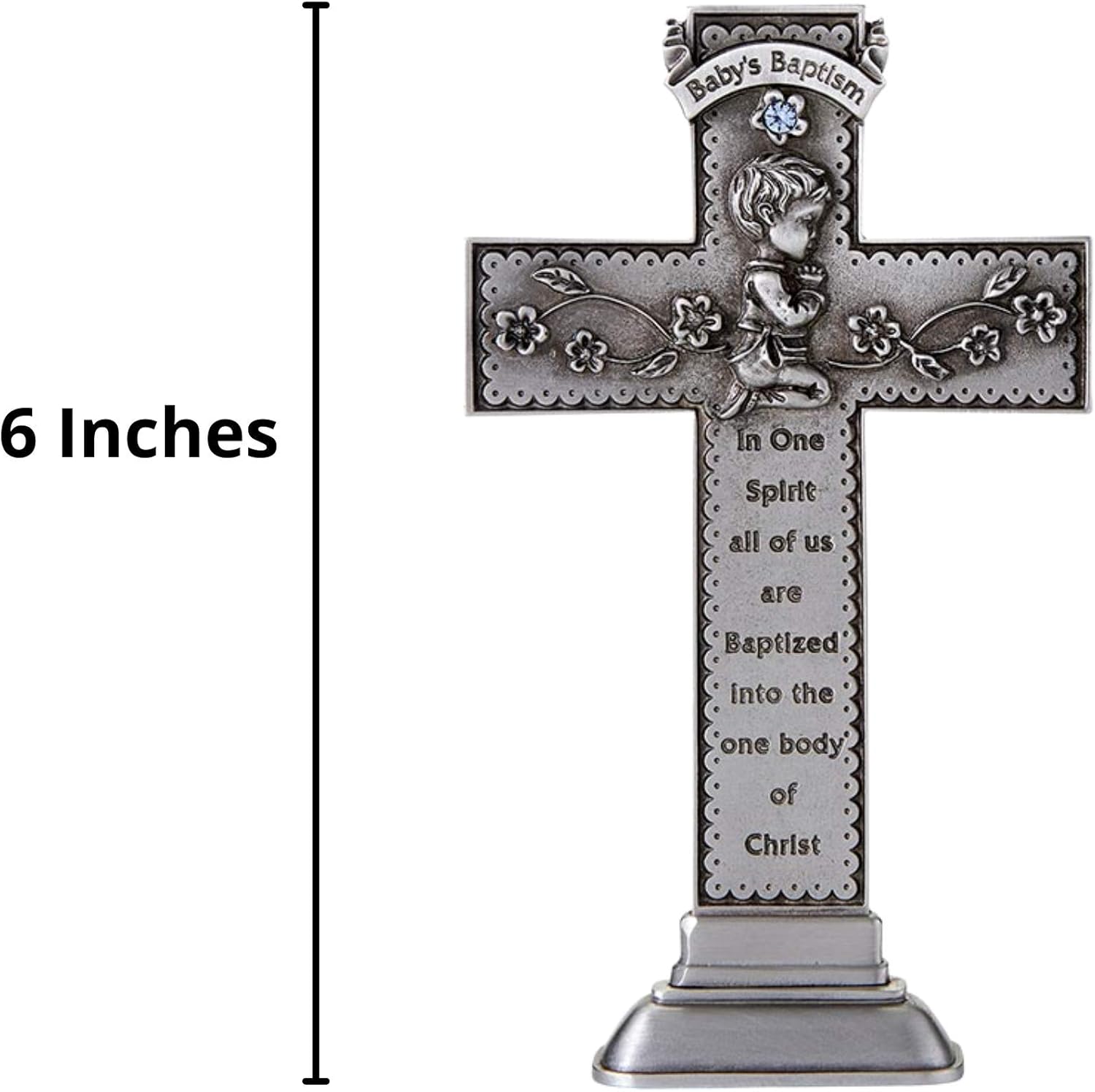 Baby's Baptism Standing Pewter Cross with Praying Boy, 6 Inch