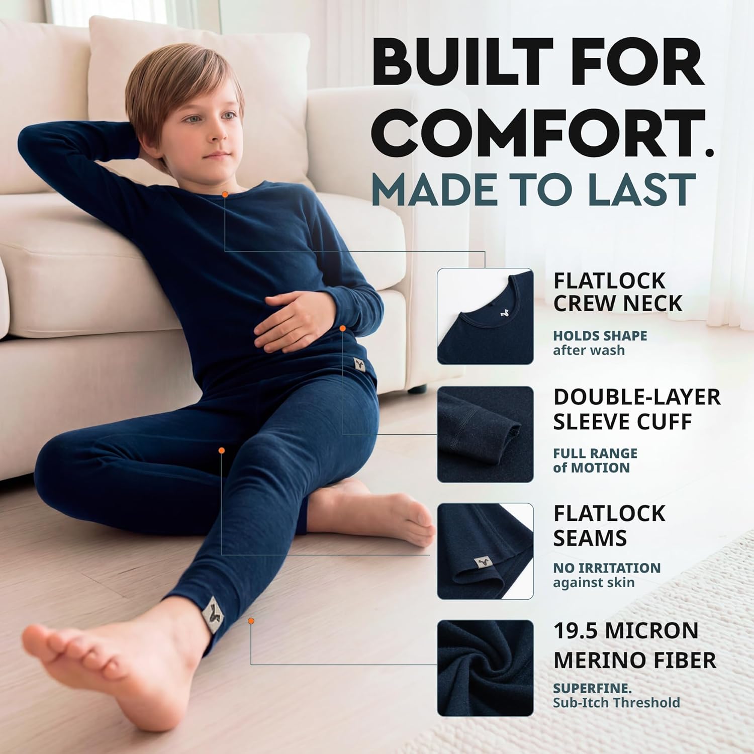 MERINNOVATION Kids Merino Wool Base Layer Set 220GSM Long Sleeve Thermal Underwear for Boys and Girls Midweight Top & Bottom