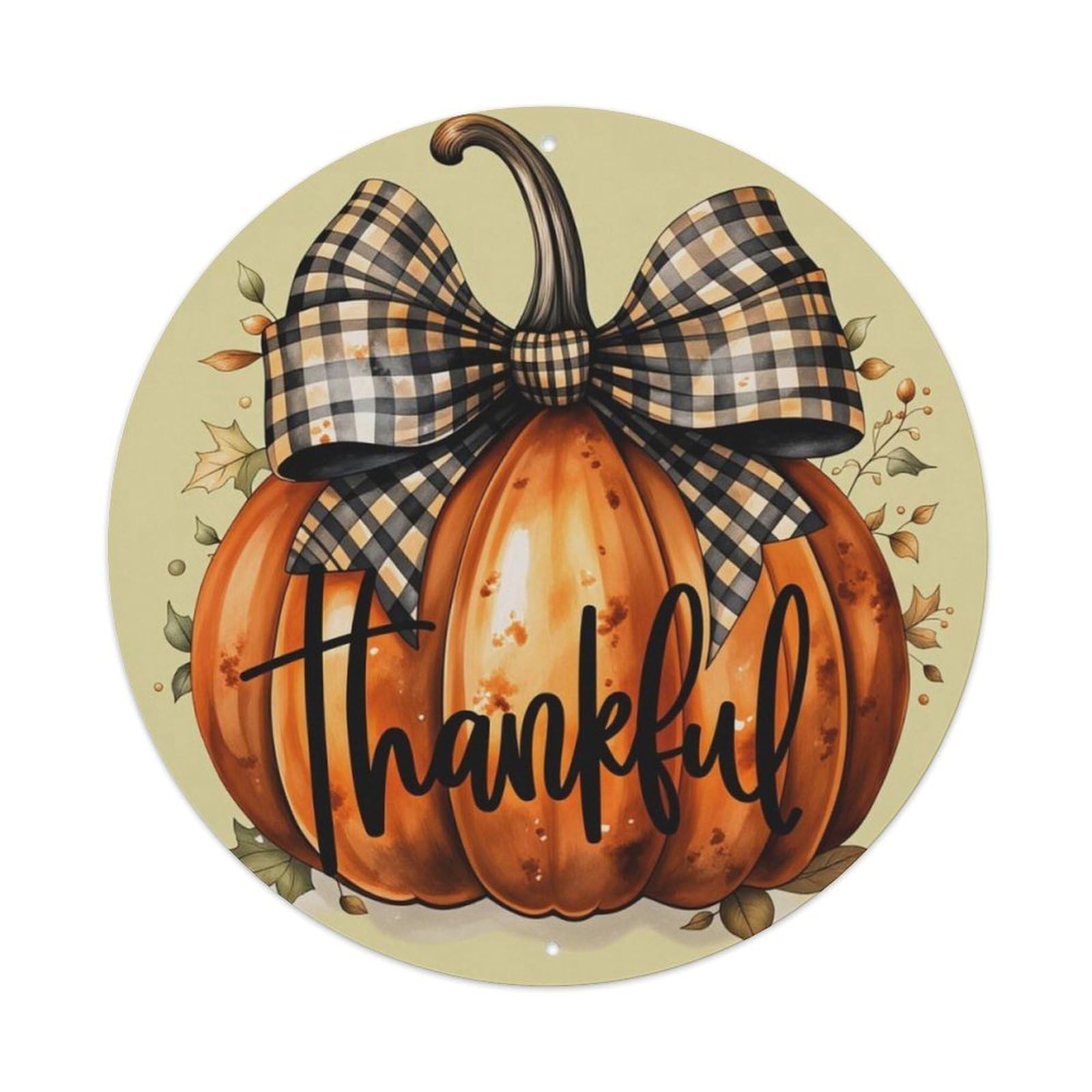 Fall Plaid Bow Pumpkin Thankful Round Decor Sign Vintage Aluminium Metal Sign, Retro Wall Decor for Home, Bar, Garage & Farmhouse 20x20cm