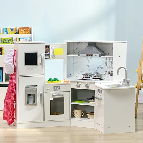 Miniatura 2 de Qaba Juego de cocina de madera para niños pequeños, juguete de simulación para niños con luces, sonidos, delantal y sombrero de chef, máquina de