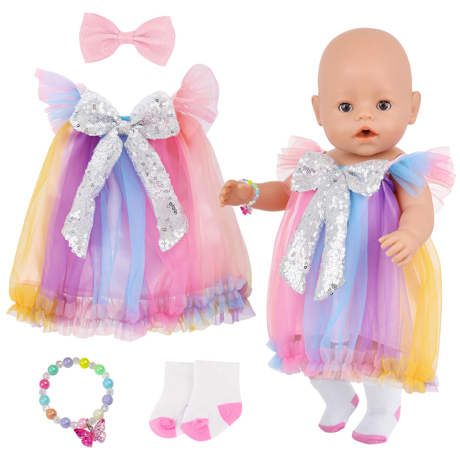 Xerteam Baby Doll Clothes for 14-18 Inch Girl Doll, Rainbow Tulle Dress Glitter Bow with HairClip, Butterfly Pearl Bracelet, Pink Socks, 35-45cm Doll Outfit Sweet Party Style Clothes Gift for Children