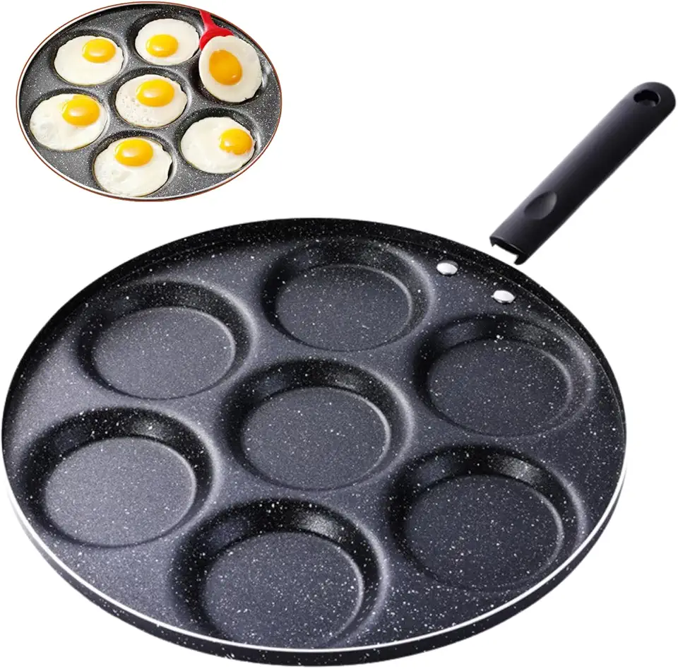 Frigideira Antiaderente com 7 Cavidades para Hambúrguer, Ovos e Pastéis, Formato Redondo, Utensílio de Cozinha