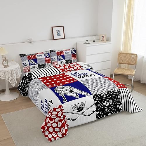Miniatura 2 de Erosebridal Juego de edredón de hockey sobre hielo para niños, juego de ropa de cama de hockey sobre hielo, juego de cama individual de deportes