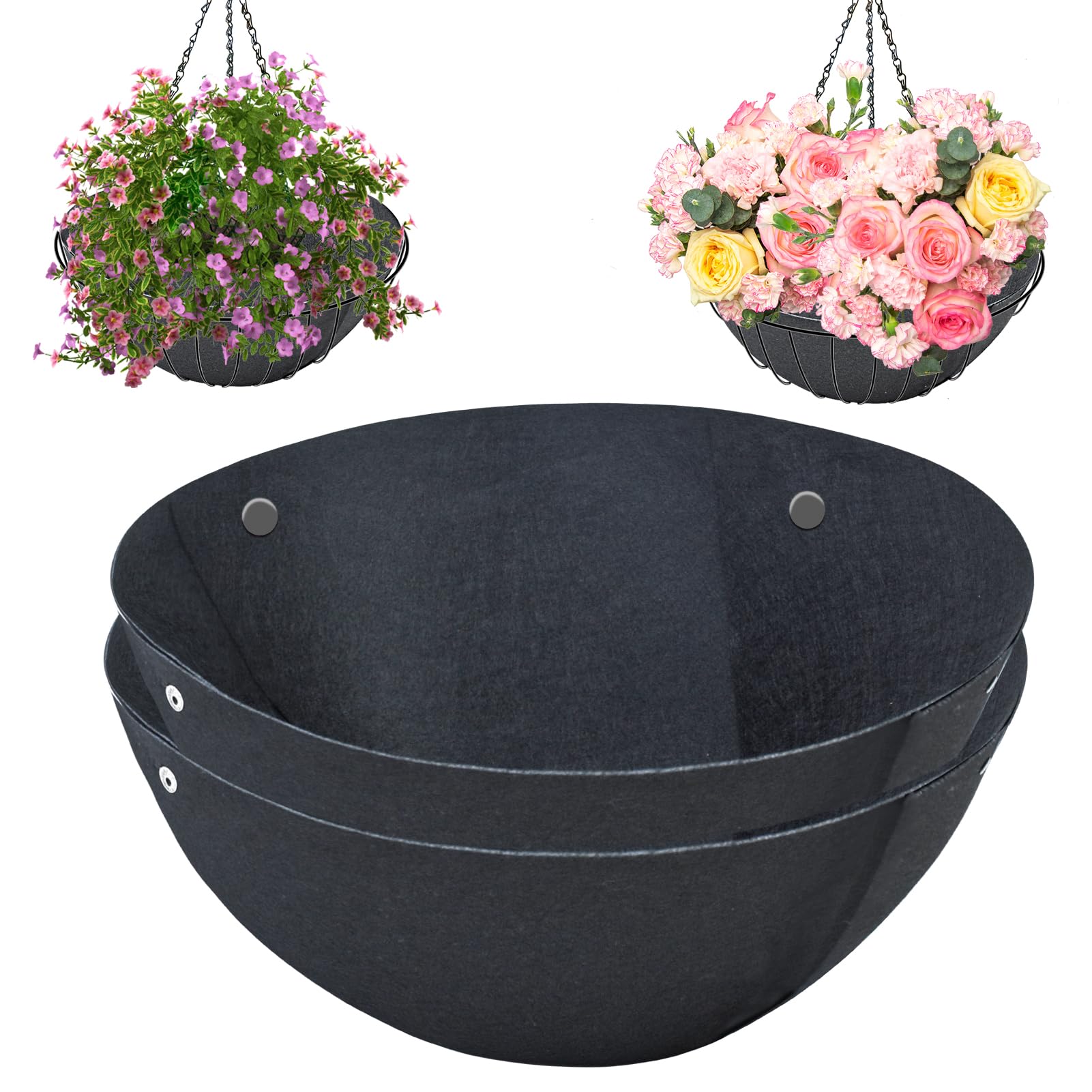 2PCS 16 Inch Round Hanging Basket Liners Fabric Hanging Plant Liners Non-Woven Planter Liners Black Felt Liners Replacement Inserts for Hanging Baskets Outdoor Plants - Avoid Bird Nesting