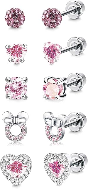 LOLIAS 5 Pairs Stainless Steel Cubic Zirconia Cartilage Earrings Set for Women Girls Stud Earrings CZ Ball Earrings Heart-Shaped Cute Earrings