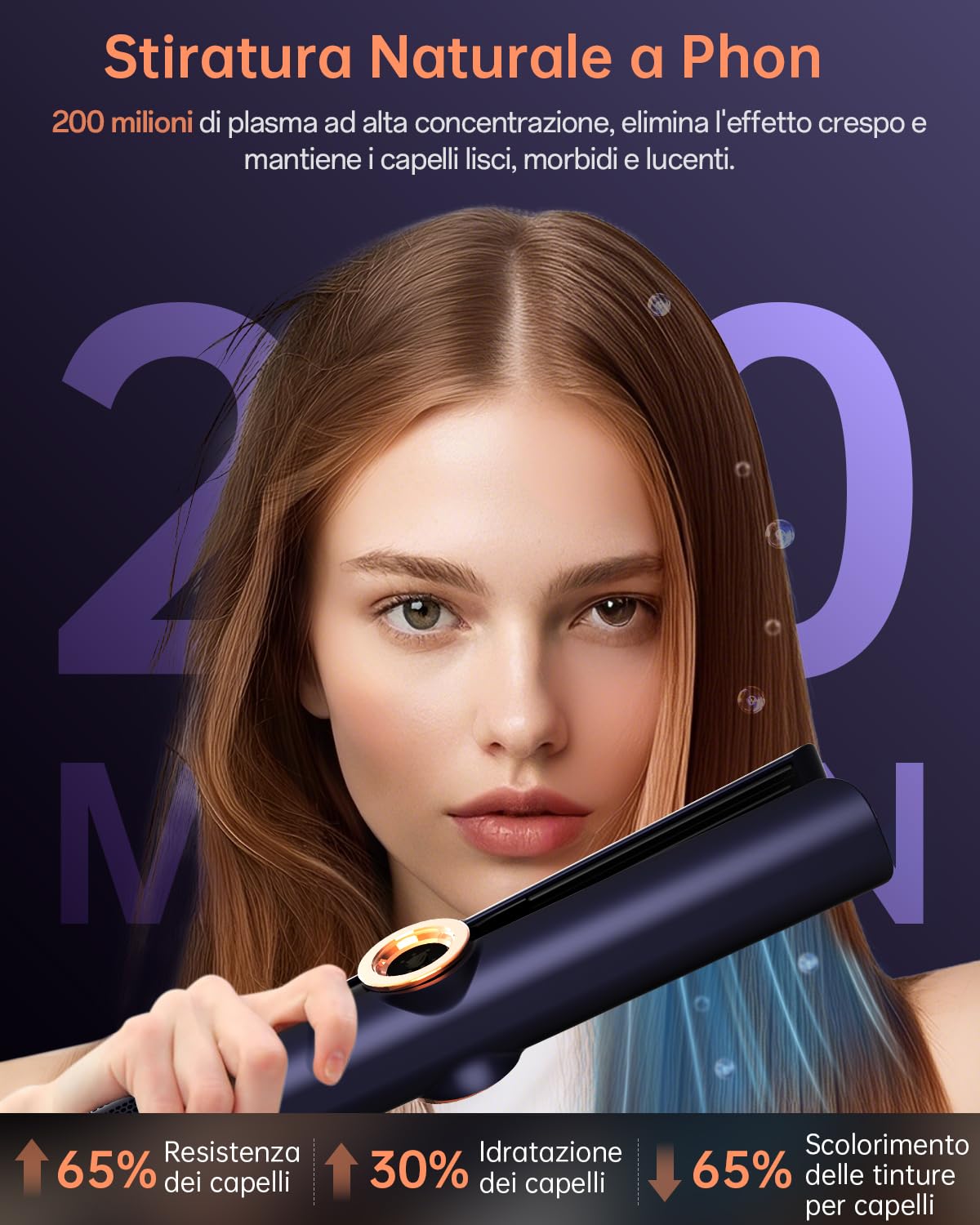 Air Piastra lisciante per capelli, 200 m, agli ioni di plasma, bagnata e asciutta, senza piastre riscaldanti, senza danni al calore, lisciatura con aria, piastra ad aria per acconciatura (Blu navy)