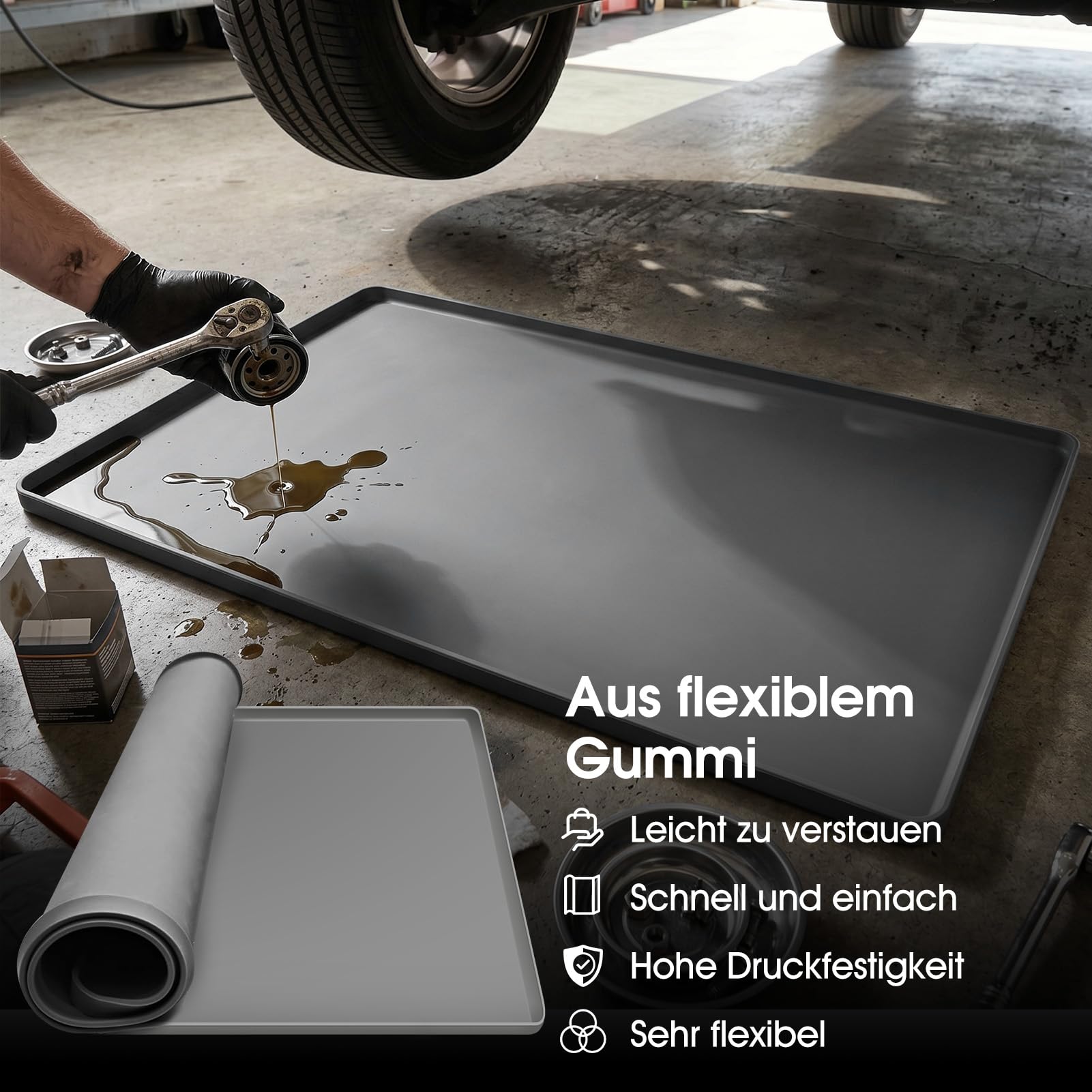 86x56cm Silikon Ölauffangwanne Auffangwanne Faltbar Flexibel Rissfest Anti-Leck Mehrzweck Garage Werkstatt Reise Auto Reparatur Öl Auffangmatte Unterbodenschutz Werkzeug Unterlage