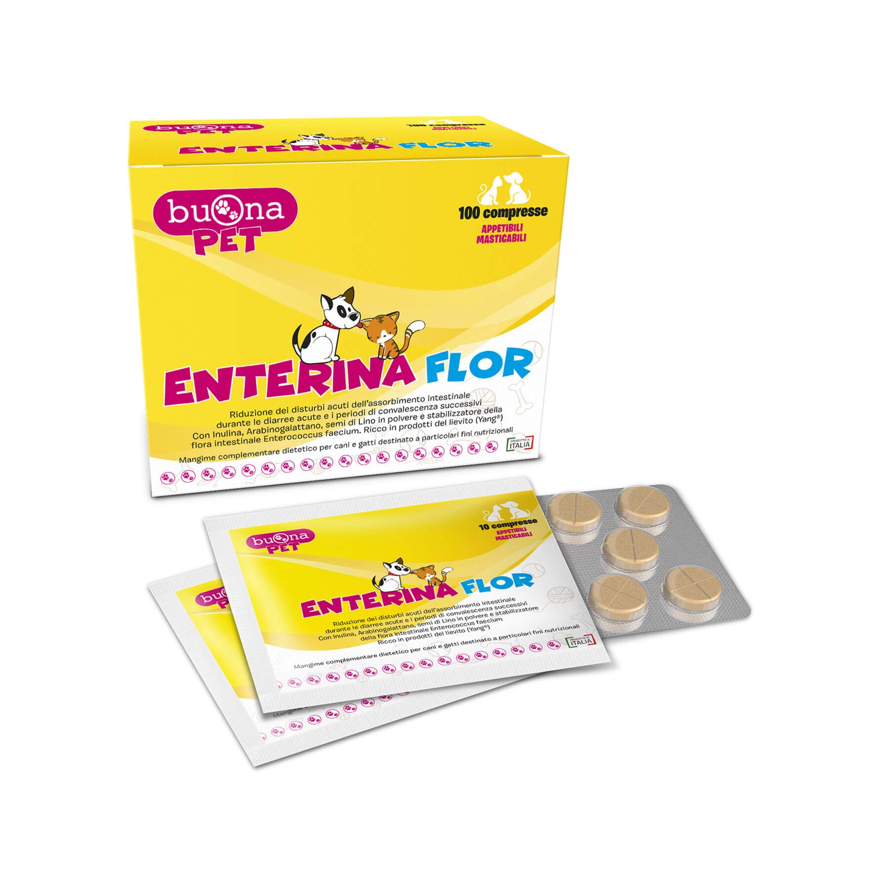 Buona Pet Enterina Flor 100 CPR di Mangime Complementare per Cani e Gatti, Favorisce Il Benessere della Flora Intestinale con Probiotici e Prebiotici, Inulina, Zinco e Pectina, Made in Italy