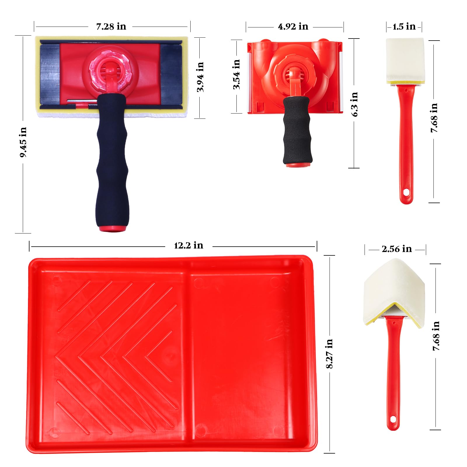 Kit profesional de bordeadora de pintura de 7 pulgadas, 4 almohadillas de moldura (7 pulgadas + 4 pulgadas + 1 pulgada + esquina en V) con 5 recambios, mango giratorio de 360° y bandeja de