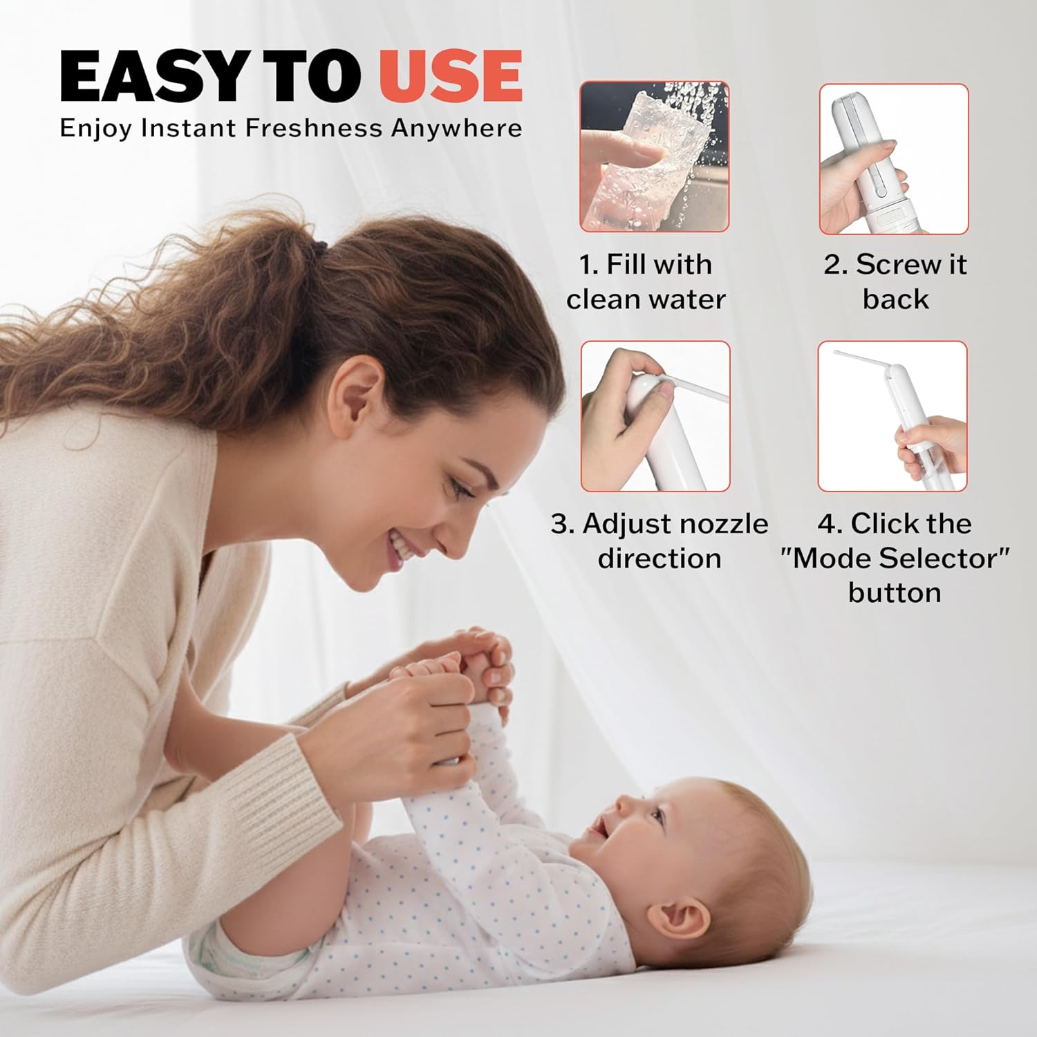 Portable Bidet for Travel, Rechargable USB-C 3 High Pressure Modes Travel Bidet Compact Waterproof Handheld Sprayer Device for Women, Men, Babies - Ideal for Personal Hygiene (White)