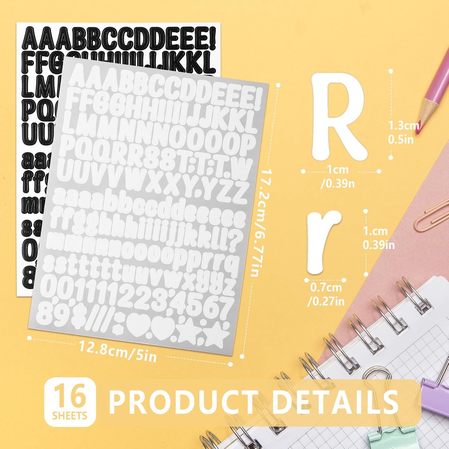 Bighan 0.5 Inch Vinyl Letter Number Sticker, 16 Sheets Self Adhesive Alphabet Number Sticker Symbol Stickers for Sign, Decor, Scrap Booking, Crafts and Decoration - Artistic Black&White