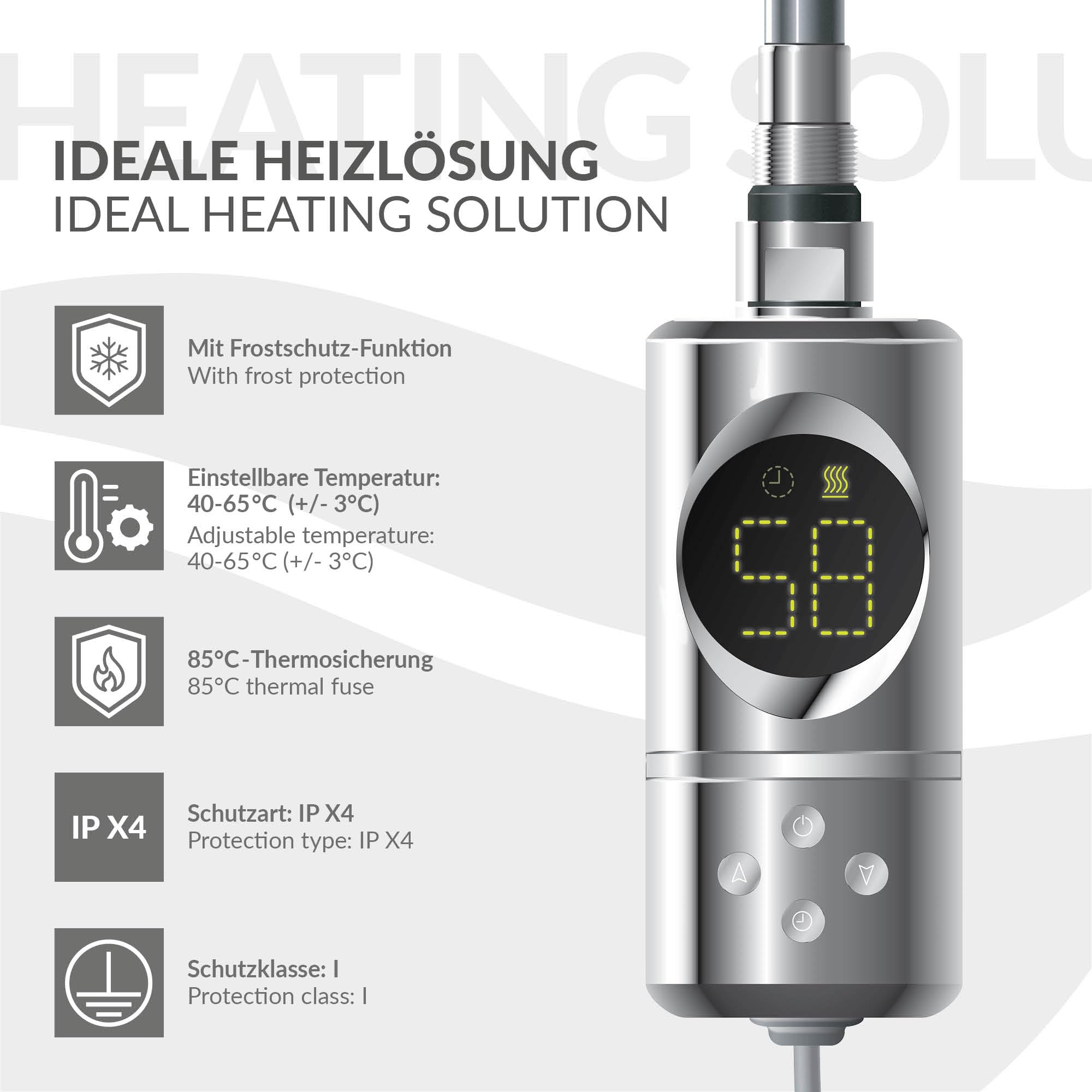 ML-Design Resistenza Elettrica 300 W a Immersione Asta di Riscaldamento per Calorifero Radiatore Termosifone con Termostato Controllo della Temperatura Bagno e Schermo LCD Design Moderno Cromo