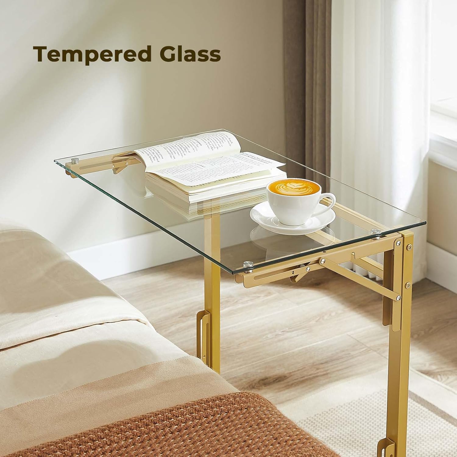 Tatub Folding TV Tray Table Set of 2, 24" Wide Glass C-Shaped End Table for Couches, Small Couch Side C Table, Slide Under Sofa Tray Arm Table for Living Room, Bedroom, Gold