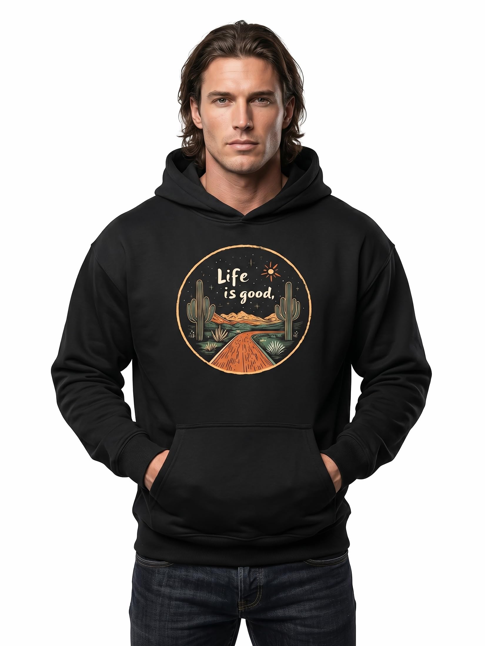 MAKAYA bluza z kapturem męska z motywem kaktusa vintage boho styl luźny hoodie