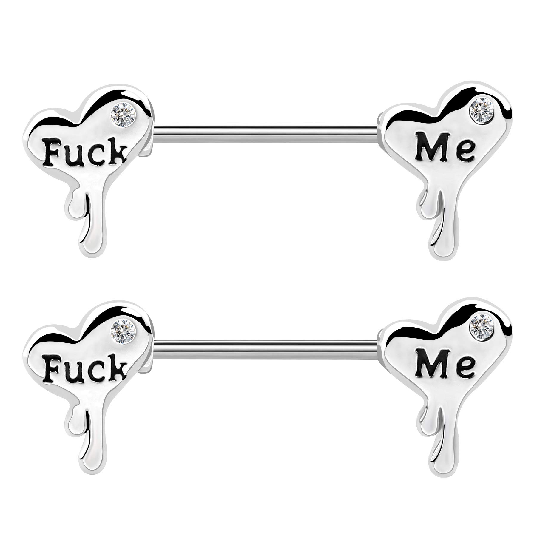 OUFERCum Here Nipplerings Barbells 14G 316L Stainless Steel Melting Heart Shaped Nipple Piercing Jewelry Letter Heart Bar Barbell Body Piercing for Women Men