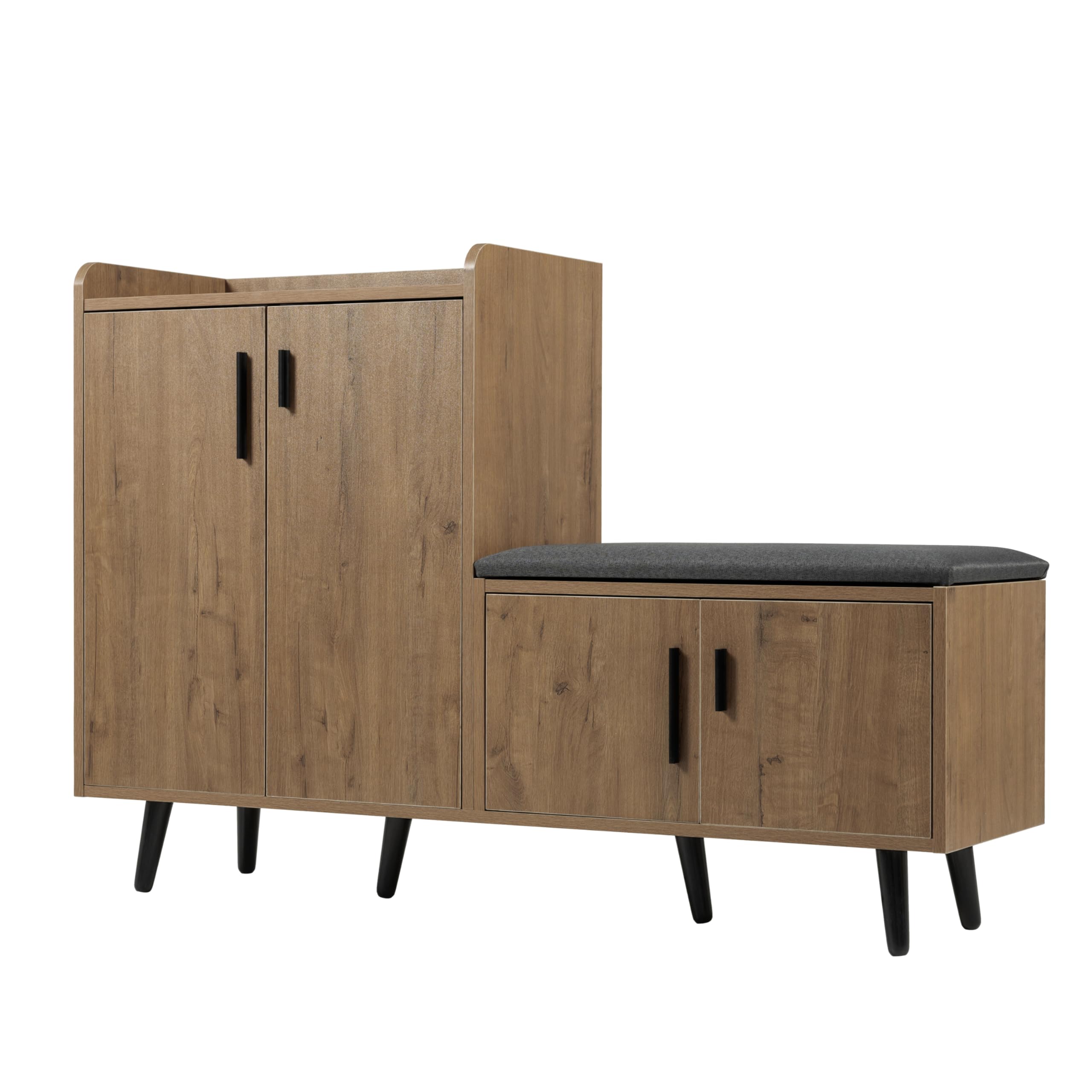 Zapatero moderno, 120 x 34 x 82,8 cm, equipado con cuatro puertas de almacenamiento, asas de metal asimétricas (color madera)
