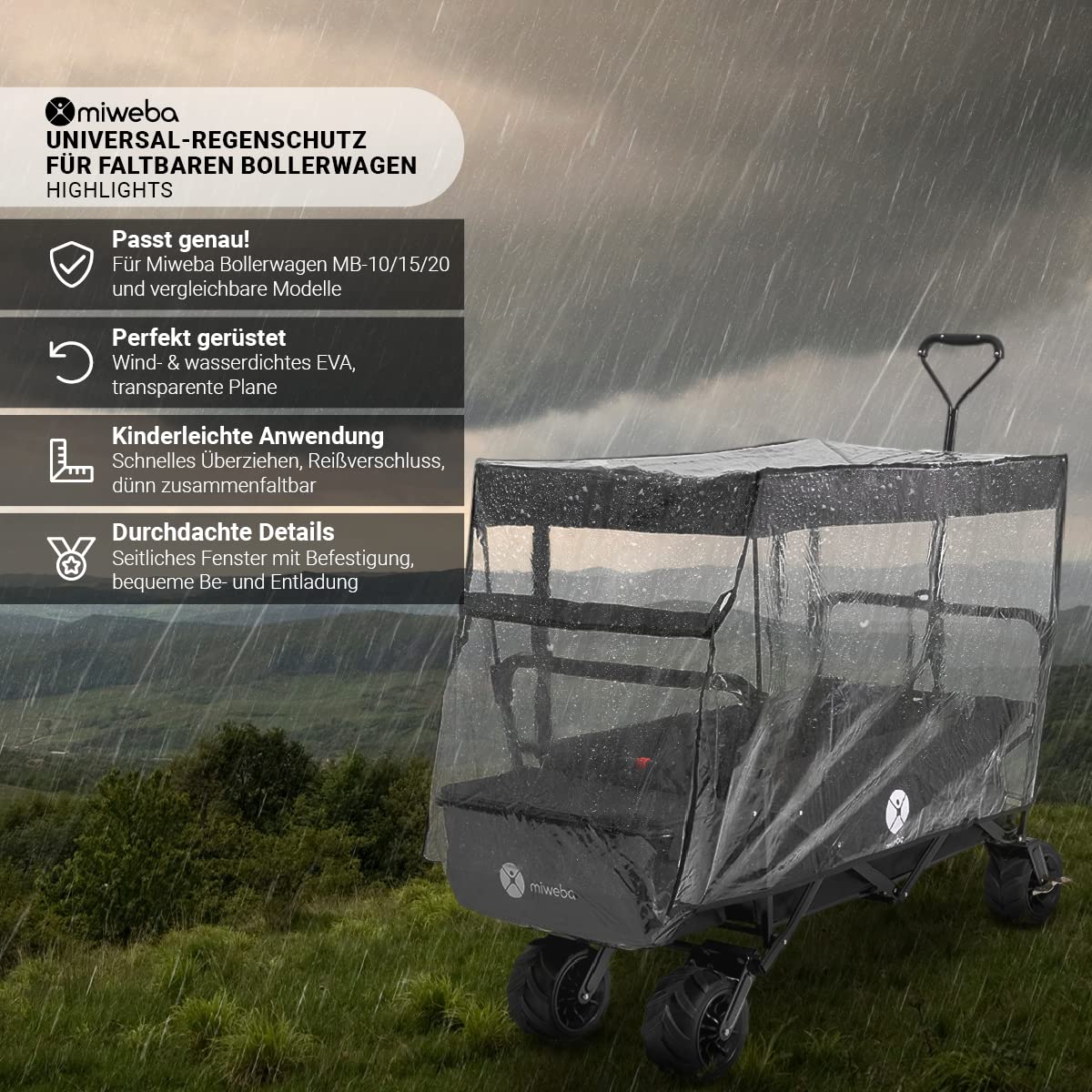 Miweba Regenschutz für faltbaren Bollerwagen MB-10 MB-15 MB-20 100 Kg Traglast Dach Handwagen faltbar Transportwagen