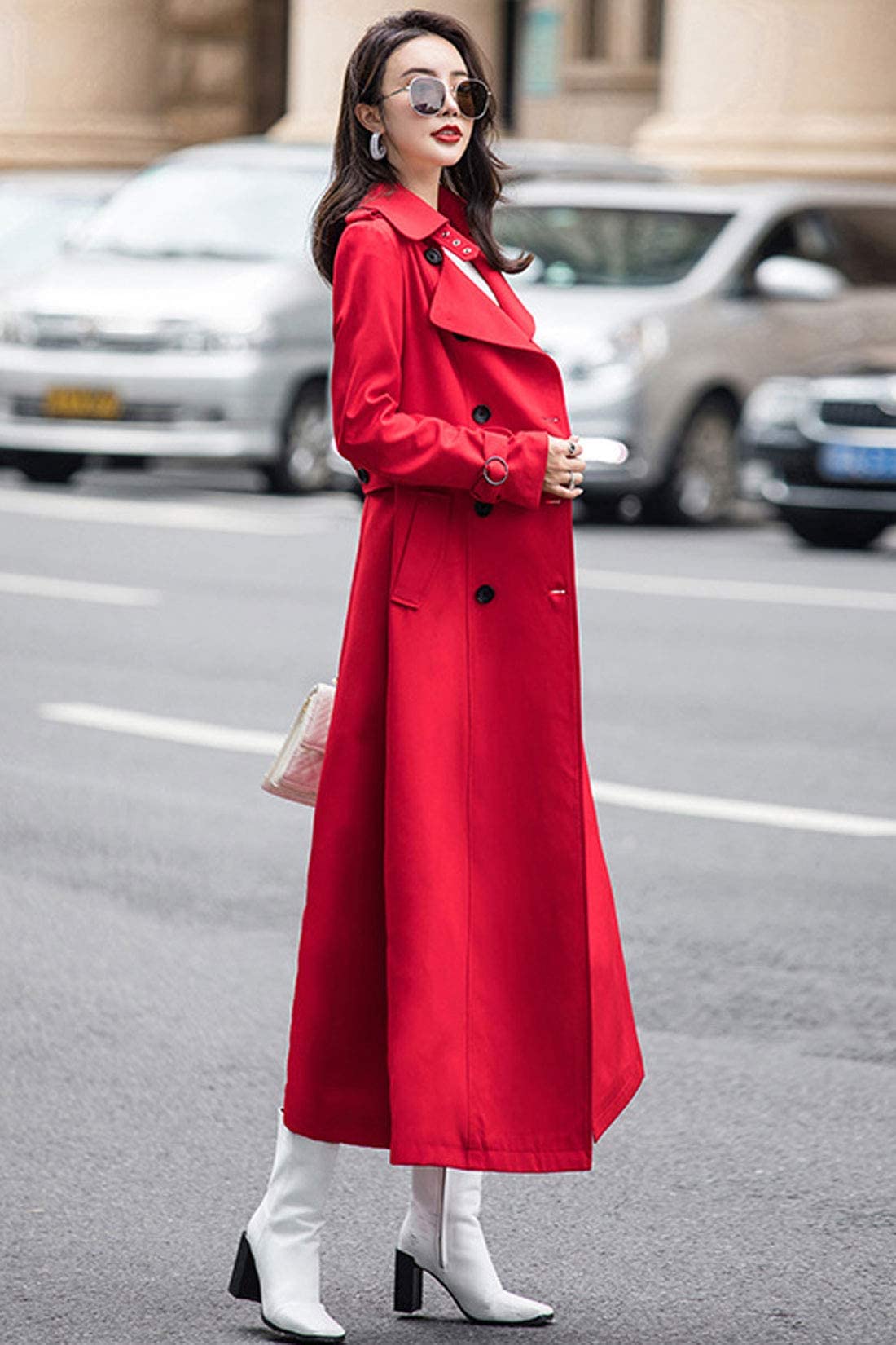 ebossy Women's Double Breasted Duster Trench Coat Slim Full Length Maxi Long Overcoat: Large Red