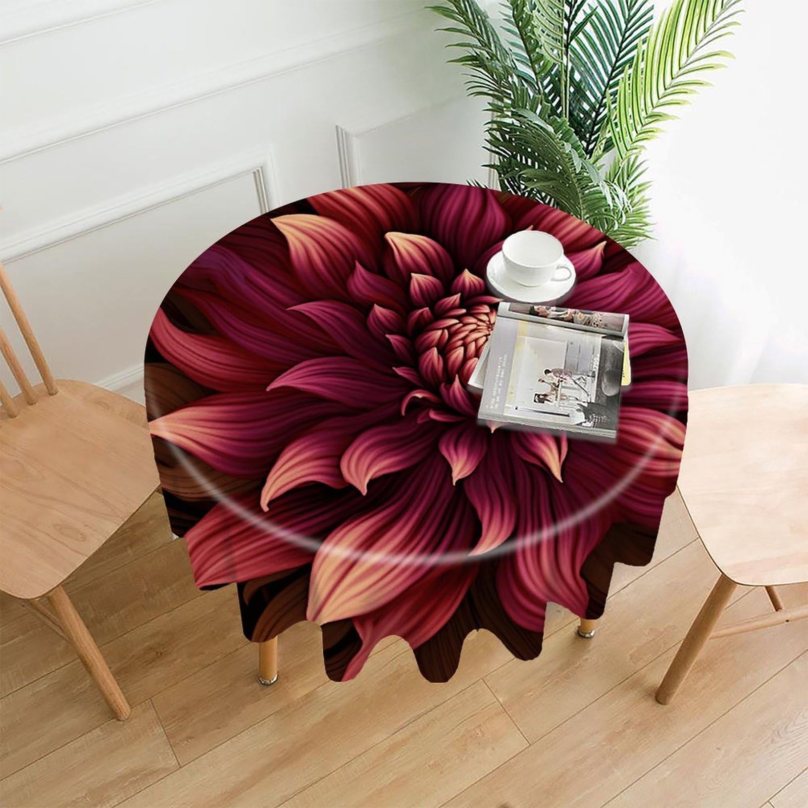 VstaDank Wine Red Artistic Flower Tablecloth Easy to Clean Polyester Round Table Cover Washable Round Table Cloth Wrinkle-Free Circle Decoration Tablecloth for Kitchen Dining Room 60"