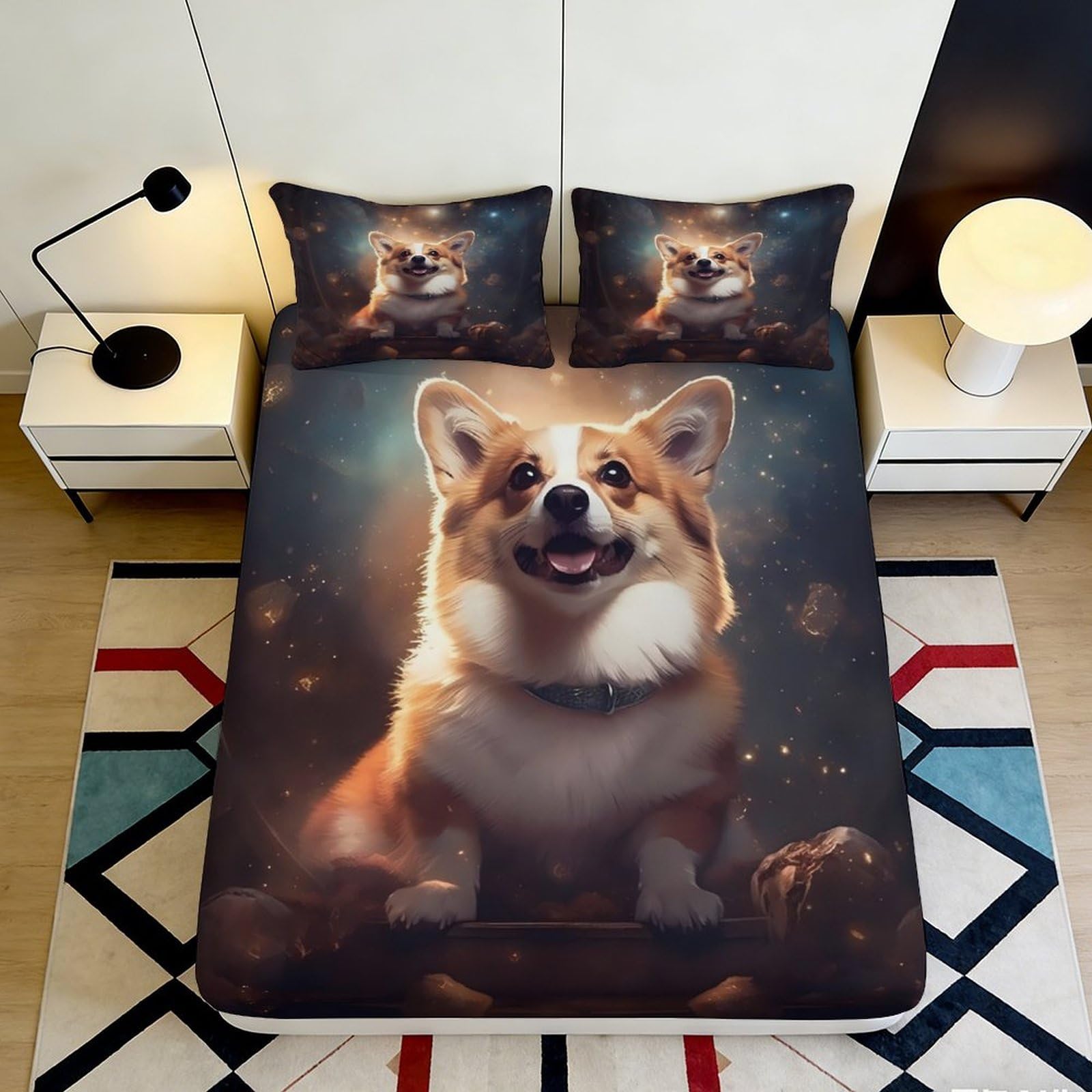 3D Printed Corgi Dog Fitted Sheet Microfiber Soft Anti-Slip Animal Bed Cover for Bedroom Guest Room Dorm Decor 200x200x25cm