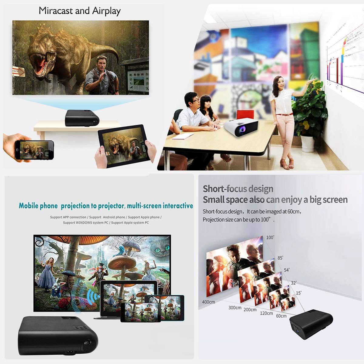 Mini LED Proiettore portatile 4500 Lumen- WiFi Proiettore portatile Full HD 1080P Video Multimedia per Smartphone iPhone/Samsung/Sony/Hauwei/Compatibile con HDMI/USB/Carta SD/VGA/AV/TV Box/PS4