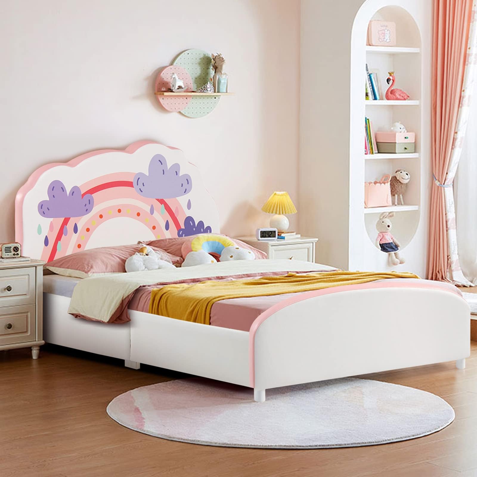 Twin Bed Frames for Kids, Wood Upholstered Twin Bed Platform with Slat Support, Padded Headboard&Footboard, No Box Spring Needed, Easy Assembly, Fits Standard Twin Mattress (Cloud)