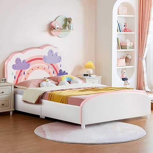 Costzon Twin Bed Frames for Kids, Wood Upholstered Twin Bed