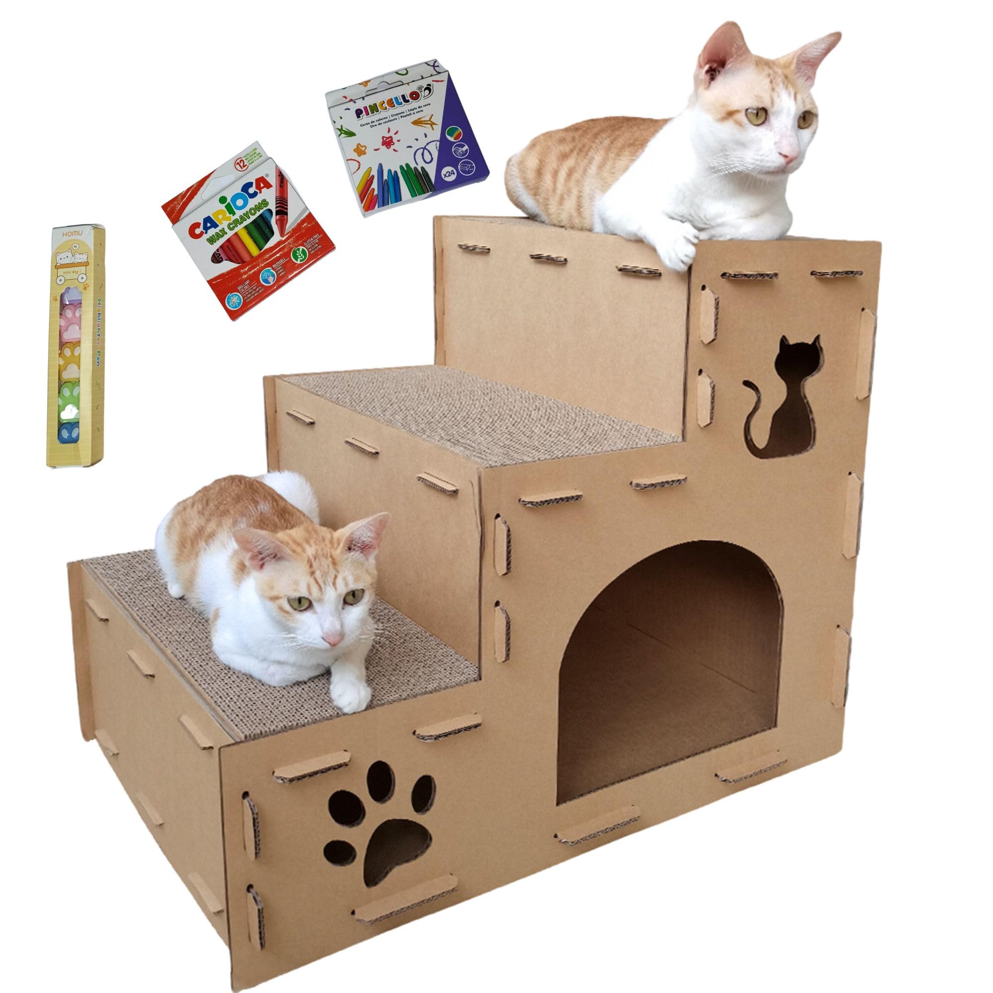 WANEKA - Rascador para Gatos, cartón Corrugado (Escalera Scottish 3) Rascador tamaño Grande, para uno, Dos o hasta Tres Gatos. Se Incluye un Pack de Pinturas para Decorar y Personalizar.