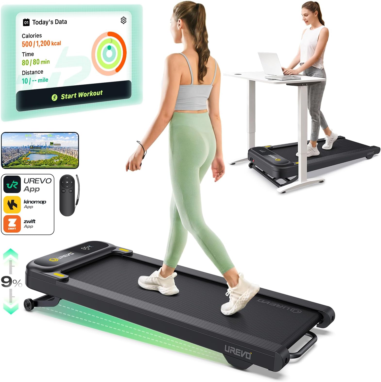 UREVO Walking Pad Treadmill with Auto Incline, 9-Level Incline Under Desk Walking Treadmill Machine with 265LBS Capacity, APP Control Foldable Mini Treadmill for Home Office