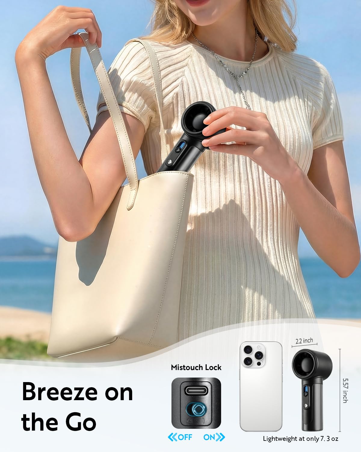 Ventilador de Mano Portátil, Mini Ventilador Potente con Velocidad Ajustable, Batería 5000mAh hasta 18h, Turbo Ventilador de Bolsillo con Pantalla LED, para Viajes, Oficina, Exterior