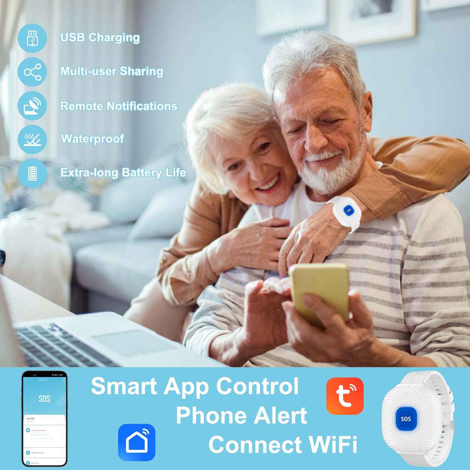 WiFi Bouton Alarme Personne Agee,SOS Alarmes de Bouton d'urgence Personnes Âgées,Contrôle D'application Tuya,Bracelet Alarme Personne Agee pour Personnes âgées ,Patients Handicapés (Blanc)