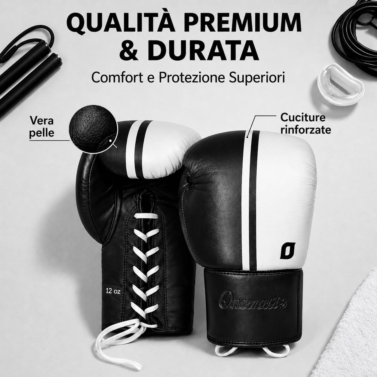 Guanti da boxe professionali, pelle premium, chiusura con lacci, nero, muay thailandese, adulto unisex