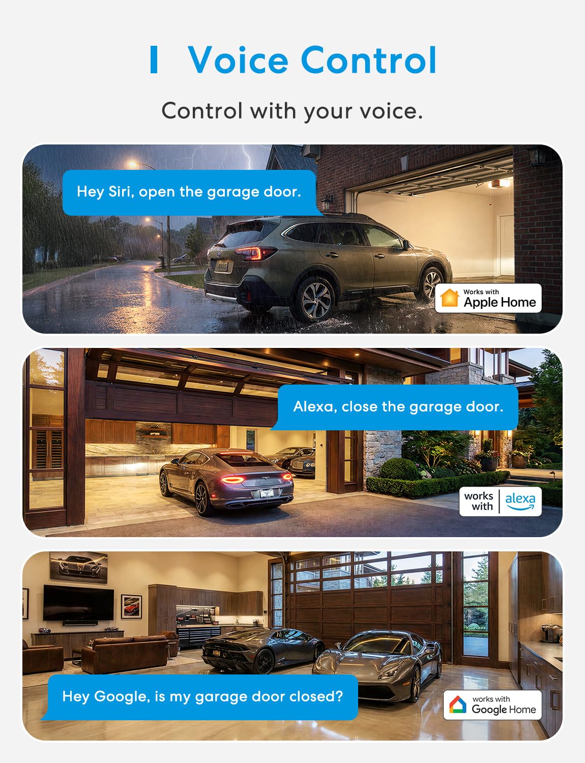 meross intelligenter Garagentoröffner, Sprach-/Fernbedienung, kompatibel mit Apple HomeKit, Amazon Alexa, Google Home, SmartThings, Ergänzung zu vorhandenem Garagentoröffner