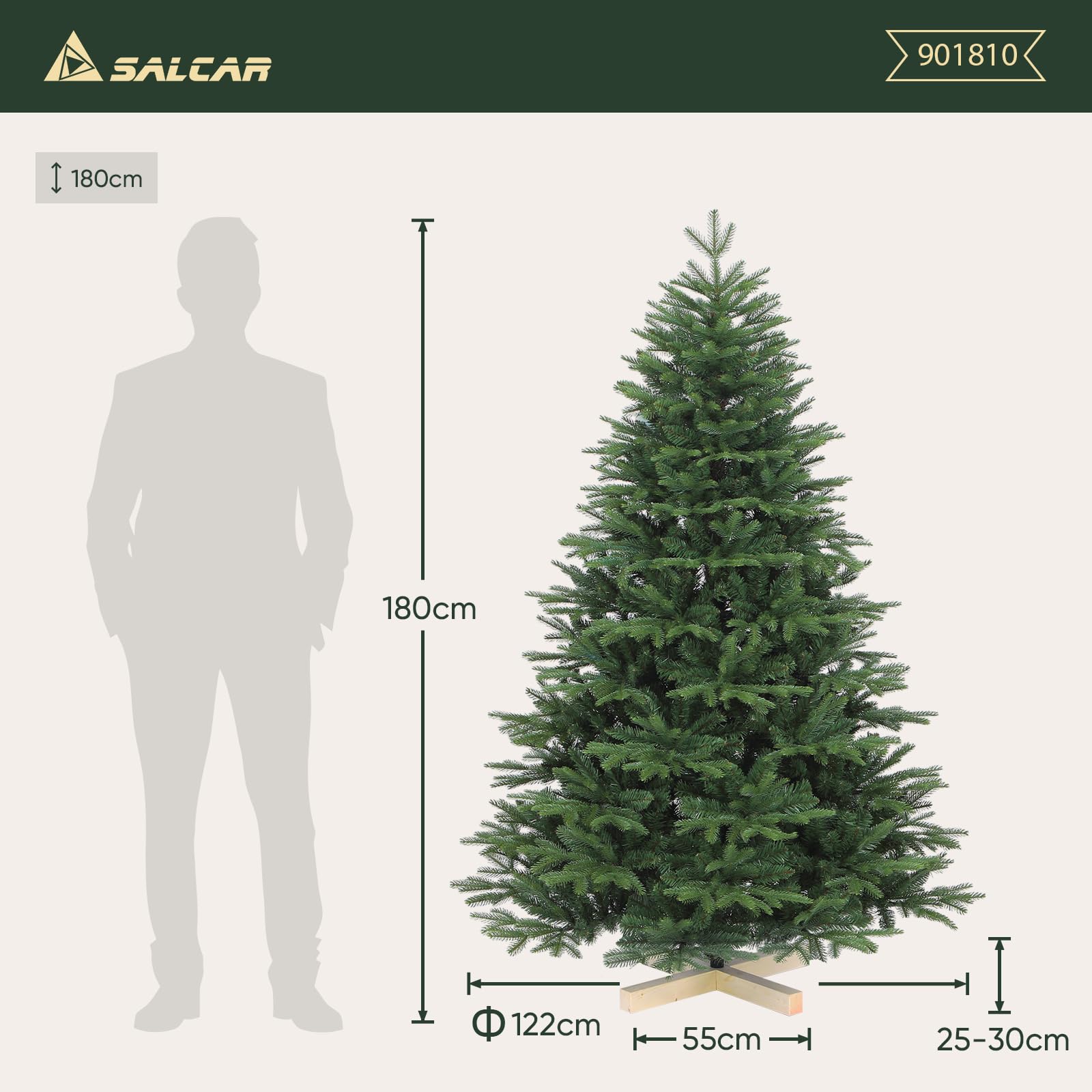 SALCAR Weihnachtsbaum künstlich 180 cm mit Holzständer, PE naturgetreue Spritzguss Elemente & PVC Nordmanntanne, 1,8 m Tannenbaum künstlich (Ø 122 cm)
