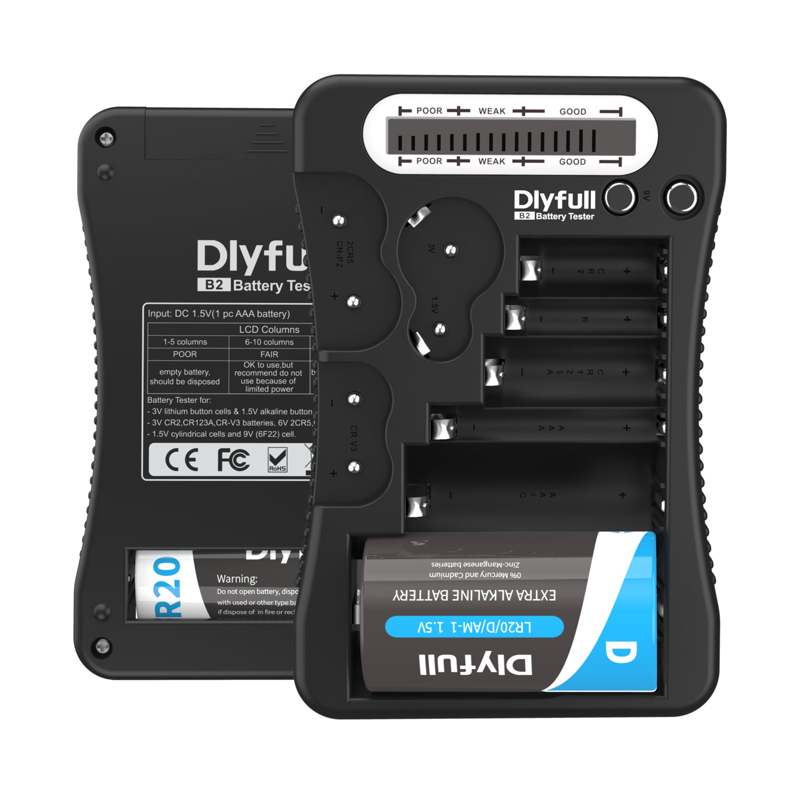 Dlyfull Universal Battery Tester with LCD Display, Multi Purpose Small Battery Checker for AA AAA C D 9V CR2032 CR123A CR2 CRV3 2CR5 CRP2 1.5V/3V Button Cell Batteries (Black)-image-27