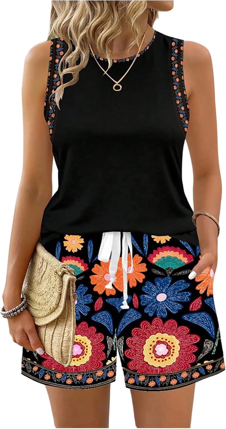 RoseSeek Women’s 2 Piece Beach Vacation Clothes Floral Tank Top and Shorts Set Tropical Summer Outfits