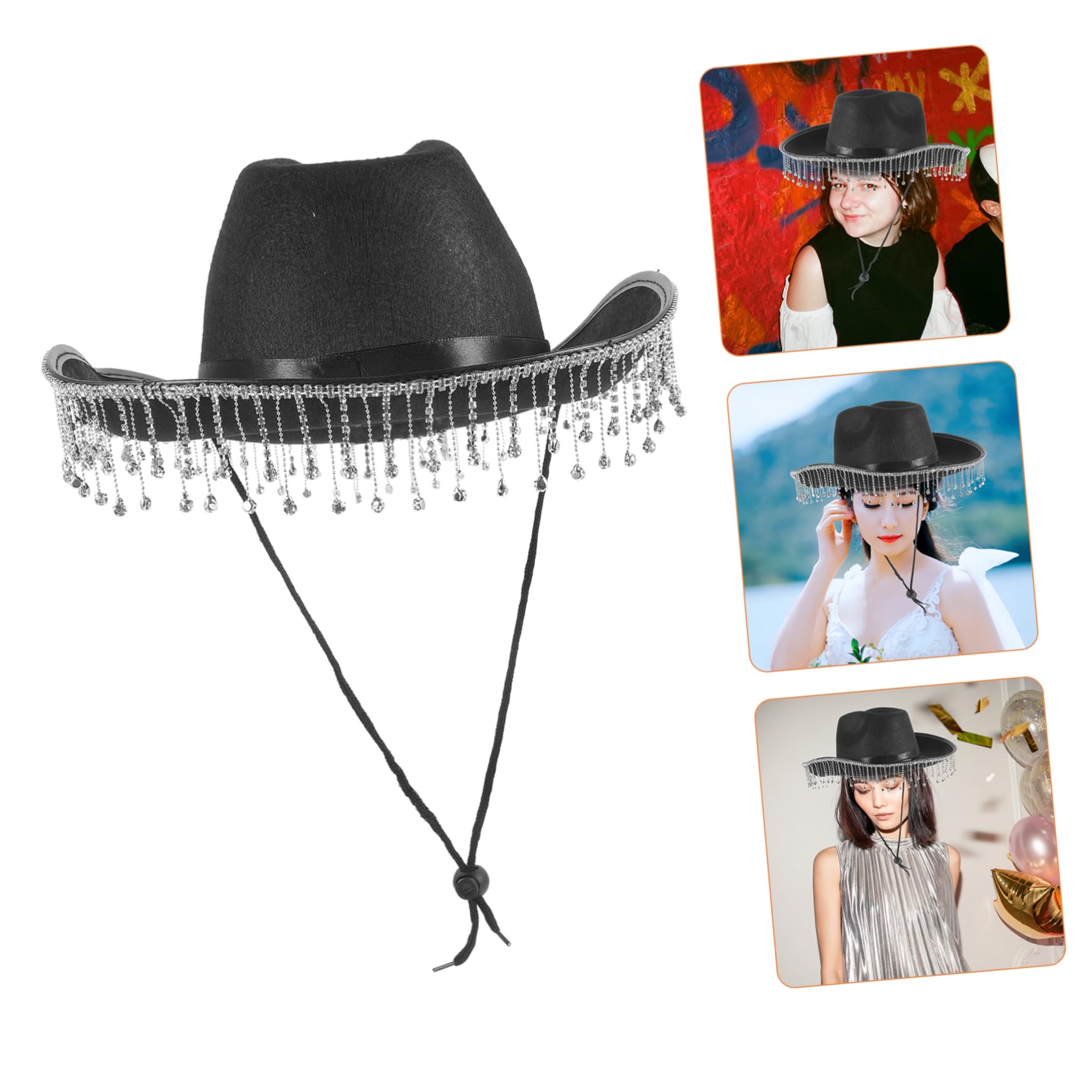 VALICLUD Sombrero de Vaquera para Mujer Sombrero de Boda Brillantes Gemas de Imitación Estilo Occidental Borlas para Fiestas de Boda y Eventos Occidentales